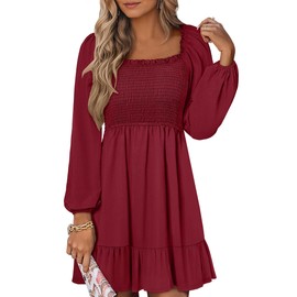 ANRABESS Womens Long Lantern Sleeve Square Neck Dress Smocked Tiered High Waist Ruffle Flowy Swing 2025 Fall Short Dresses Red Small