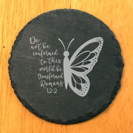 Faith and Hope: Laser Etched Unique Coasters Combining Art & Romans 12:2 Message - Round Slate - set of 8
