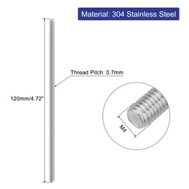 QUARKZMAN 6 Pieces Threaded Rods, M4 x 120 mm, 304 Stainless Steel, Threaded Rod with Metric Full Thread, M4-0.7 Thread Pitch for Furniture and Machine Assembly