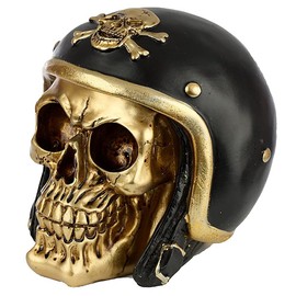 Generisch Gothic Biker Skull with Motorcycle Helmet, Black/Gold Fantasy Skull Sculpture Decorative Item Skull Figure Head Sculpture Statue Height 12 cm