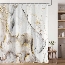 Emwnodti White Marble Shower Curtain for Bathroom Decor, Abstract White and Gold Marble Shower Curtains, Polyester Fabric Modern Golden Bath Curtain with 12 Hooks 72x72 inch