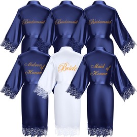 Coume Set of 6 Bridesmaid Robes with Lace Trim Bridal Party Matron Maid of Honor Robes Silk Wedding for Wedding Bridal Gifts(Navy Blue)