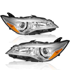 Headlight Assembly Compatible with 2015 2016 2017 Toyota Camry LE SE Halogen Headlamp Replacement, Chrome Housing Amber Reflector Driver & Passenger Side