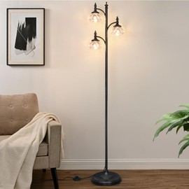 JUNNAI Black Floor Lamp for Living Room,Tall Standing Lamp Dimmable Tree Floor Lamps with 3 Rotatable Lights Glass Shade 66.5'' Modern Corner Lamp for Bedroom Office(3LED Bulbs Included)
