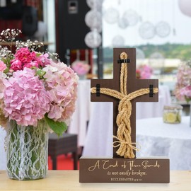 Cord of Three Strands Ceremony Cross - Natural Wood & Rope Sign Unity Candle Alternative, Braid for Wedding Ceremony, Unity Ideas, Religious Marriage Gift