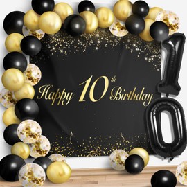 Happy 10th Birthday Balloons Black Set Decor - Cheers to 10 Years Old Party Theme Garland Banner Backdrop Decorations For Boy and Girl Supplies
