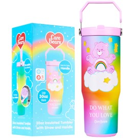 Get Trend Care Bears Insulated Tumbler Flip Up Straw & Handle, Metal Travel Water Bottle 850ml/30oz, Thermal Double Wall Vacuum for Hot & Cold Drinks (Multi Care Bears)
