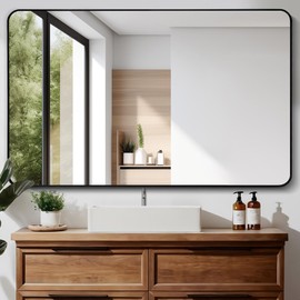 CIVENO 55"x36" Bathroom Mirror, Large Rectangular Wall Mirror, Black Rectangle Mirror, Metal Frame Mirrors for Bathroom, Rounded Corner Vanity Mirror for Bedroom Living Room Horizontal Or Vertical