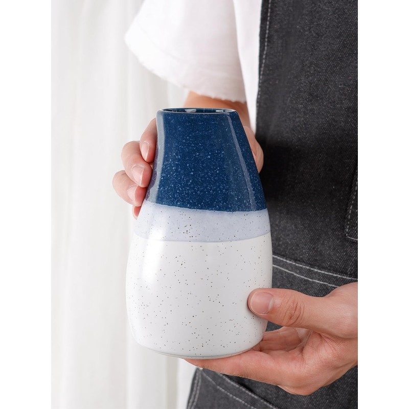 KERMANDO Ceramic Vase 5.9” Tall Handmade Blue and White Glazed