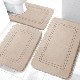 chakme Bathroom Rug Set, 3 Pieces, Soft Memory Foam Bath Mat and U-Shaped Toilet Mat, Bath Mat, Non-Slip Washable Bath Mat Set, Beige