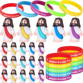 Mini Jesus Figurines with Jesus Love You Bracelet Silicone Wristband for Church Hide and Seek Christian Baptism Gift for Mother's Day Gift 2025 Graduation Party Favor (25/50/100 Sets) - Number: 100 Sets