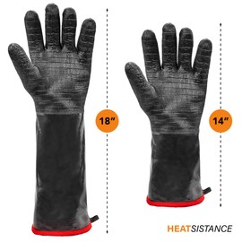 Heat Resistant BBQ Gloves, Long Sleeve, Textured Grip to Handle Wet, Greasy or Oily Foods Fire and Food Safe Turkey Fryer Oven Mitts for Smoker, Grills and Barbecue (Medium 18")