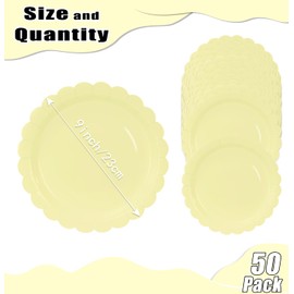 HEIPINIUYE 50 Pieces Yellow Paper Plates 9 Inch Yellow Scalloped Plates Disposable Dinner Plates for Wedding Baby Shower Birthday Party Dessert Plates