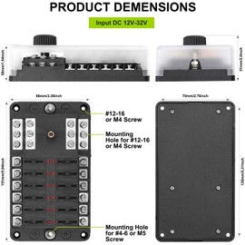 12 Way Fuse Block W/Negative Bus - ATC/ATO 12 Circuit Fuse Box with Ground, with Negative Bus & Protection Cover, Bolt Connect Terminals, 70 pcs Stick Label, for 12V/24V Vehicle Car Boat Marine Auto