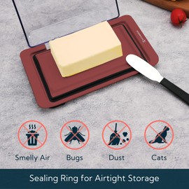 KITCHENDAO Airtight Flip-Top Butter Dish with Lid and Knife Spreader for Countertop and Refrigerator, Butter Keeper, Plastic Butter Holder Tray for 2 Sticks East Coast/ West Coast (Red)