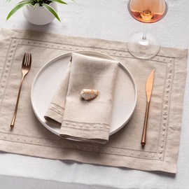 Linen Placemats 14 x 19 inch - 100% Pure Linen Natural Placemats with Embroidered Dot Set of 4 - Classic Hemstitch Linen Placemats Washable for Fall, Thanksgiving and Christmas