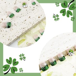 Green Press On Nails St. Patrick's Day Nails Press Ons Short Square Shape Glitter Green French Fake Nails With Rhinestone Four Clover Spot Designs Full Cover Acrylic Spring False Nails For Women 24PCS