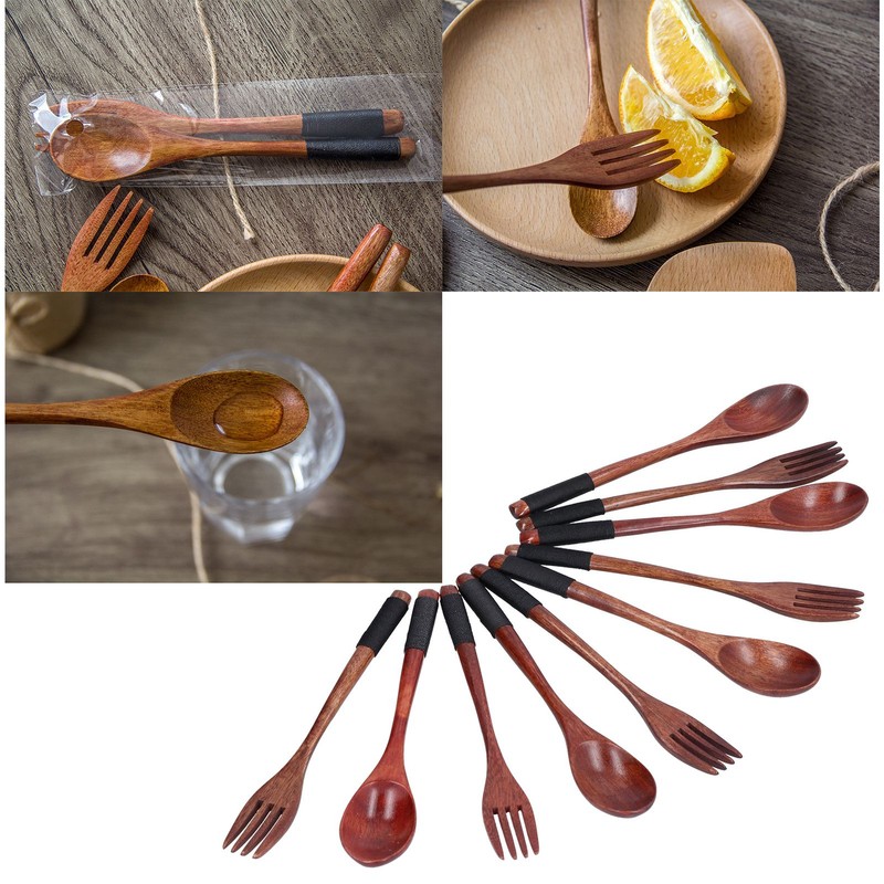 Wooden Tableware Set EcoFriendly Spoon Fork Reusable Hand Made Utensils