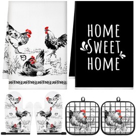 Leinuosen 6 Farmhouse Rooster Chicken Oven Mitts and Pot Holders Sets Farmhouse Kitchen Towels Absorbent Dish Towels for Cooking Baking Grilling (Black and White Chicken)