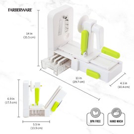 Farberware Professional Foldable Fruit And Vegetable Spiralizer Slicer Easy Store Fold And Lock With 4 Blades And Built In Blade Storage Caddy, White