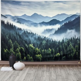 TUGCAY Misty Mountain Forest Tapestry Foggy Tree Tapestry Nature Scenery Landscape Wall Tapestries Aesthetic for Bedroom Living Room Dorm Office Decor 60 x 50 Inches