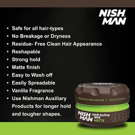 NISHMAN Hair Styling Wax for Men 08 - Matte 150g - Vanilla Scent - Natural Matte Look - Strong Hold - Hair Clay Aqua Wax- Long-Lasting Control and Definition (Pack of 3)