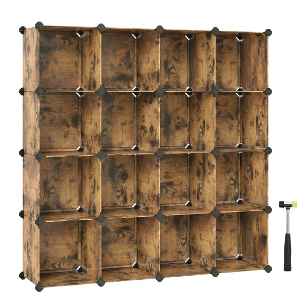 SONGMICS Cube Storage Organizer, Set of 16 Plastic Cubes, Book Shelf, Closet Organizers and Storage, Room Organization for Bedroom Living Room, 12.2 x 48.4 x 48.4 Inches, Rustic Brown ULPC442A01