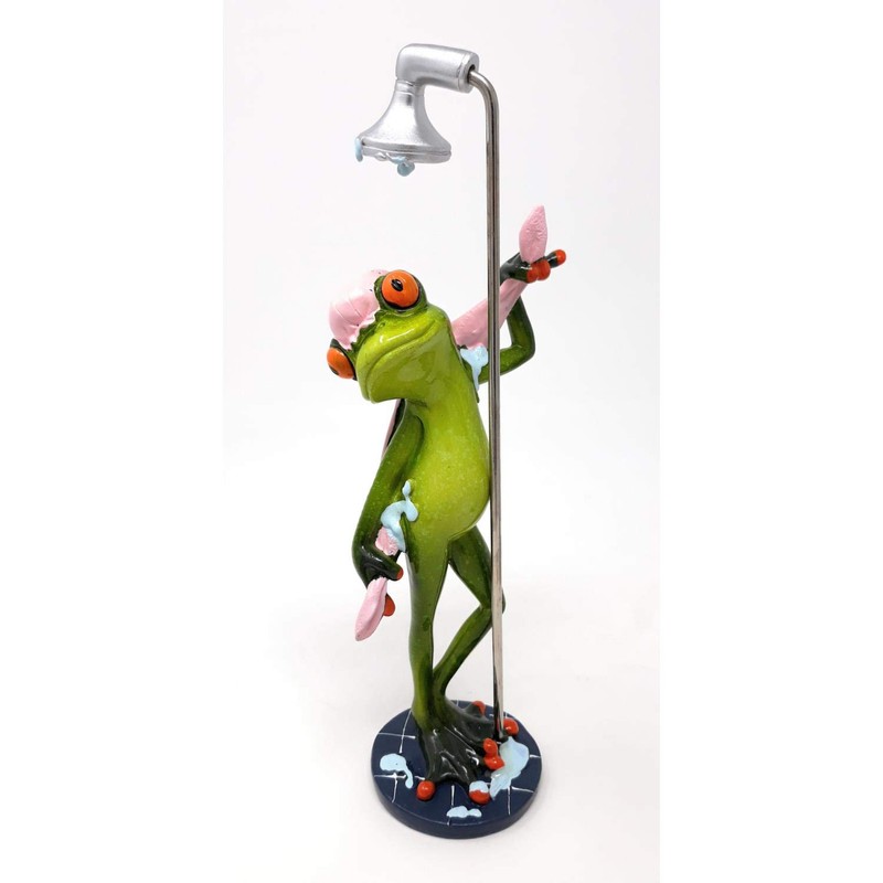 Cute Frog in the Shower with Shower Cap Decorative Figure