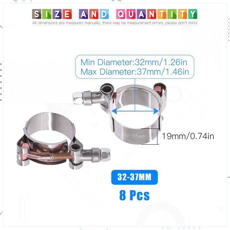 Glarks 8Pcs 32-37mm Stainless Steel T-Bolt Hose Clamps Turbo Intake