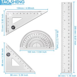 TAOSHENG 4Pcs Plastic Math Geometry Kit, Transparent Measuring Tool Set for School Student Teacher Architects Engineers, Includes Protractor Straight Ruler Triangle Ruler, Clear 4 Pack