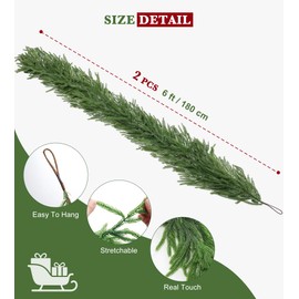 2Pcs 6 Ft Artificial Norfolk Pine Garlands,Realistic Pine Garland, Green Artificial Greenery Garland for Table,Fireplace,Mantle,Wall,Winter Christmas,Indoor&Outdoor Decor