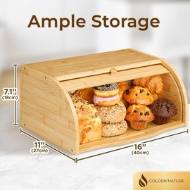 Golden Nature Bamboo Bread Box for Kitchen Countertop, Large Wooden Food Keeper W/Rolling Lid, Vintage Storage Bin for Bagels, Muffins, Cupcakes & Cookies