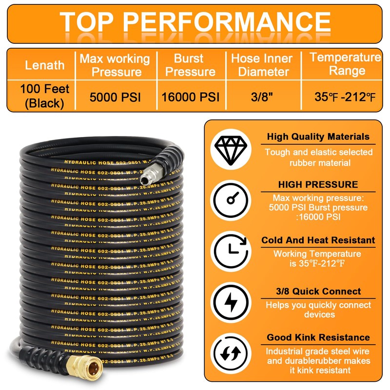 100FT Pressure Washer Hose 3/8''- 5000 PSI High Tensile Wire