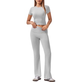 Ekouaer Women's Lounge Sets 2 Piece Outfits Short Sleeve Crops Fold-Over Flare Pants Loungewear Sweatsuit Skim Sets Light Grey