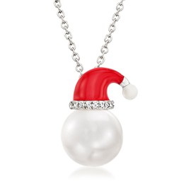 Ross-Simons 9-9.5mm Cultured Pearl and Multicolored Enamel Santa Hat Pendant Necklace With Diamond Accents in Sterling Silver. 18 inches