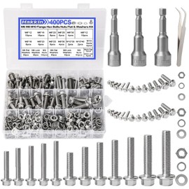 400pcs Flange Hex Bolts and Nuts Kit, Hakkin M6 M8 M10 (12mm to 40mm) Metric Hex Head Flange Bolts Flat & Spring Lock Washers, Stainless Steel 304 Flange Nuts Assorted Set, Hex Socket Included