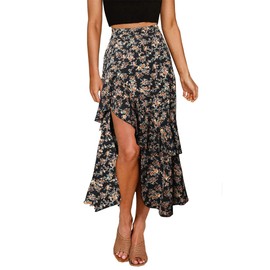 BTFBM Women 2023 Summer Spring Boho Long Skirts Dress Floral Print Elastic Waist Split Ruffle High Low Beach Maxi Skirt, Print Floral Black, Large