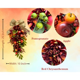 Svndlyn Harvest Teardrop Swag Autumn Floral Swag Wreath with Chrysanthemum Apples Berries Maple Leaves and Burlap Bow Fall Teardrop Wreath for Home Door Wall Mantel Window Decor