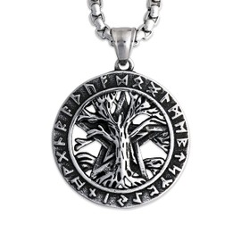 HAQUIL Viking Tree of Life Necklace, Stainless Steel Runes Yggdrasil Pentagram Medallion Pendant, Box Chain, Viking Jewelry Gifts for Men and Women