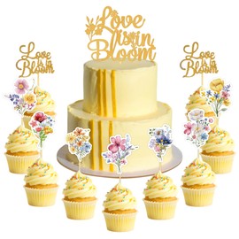 JeVenis Love is in Bloom Cake Topper Floral Wildflower Bridal Shower Decor for Engagement Wedding Party Decorations Bride to Be Party Supplies Wildflower Party Cupcake Toppers