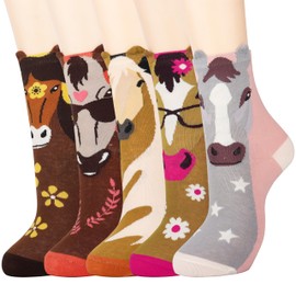 Jeasona 5 Pairs of Women's Socks 35-42 Colourful Cotton Animal Pattern Cute, Multicoloured Horse, 39 - 42