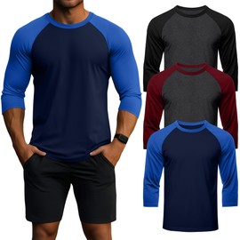 Huukeay 3 Pack Men's 3/4 Sleeve Shirts Cotton Crew Neck Baseball T Shirts Moisture Wicking Athletic Tops(Dark Grey/Black, Dark Grey/Claret, Navy/Royal Blue,3X-Large)
