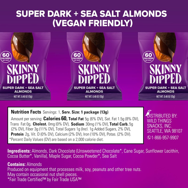 SkinnyDipped Super Dark Chocolate + Sea Salt Almonds, Vegan, Healthy