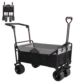 EAGWON Collapsible Folding Wagon with Extra Push Pull Handle, Heavy Duty Utility Cart with Big All-Terrain Beach Wheels, Large Capacity Folding Garden Wagon for Shopping, Beach, Sports, Outdoor