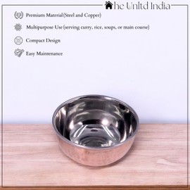 THE Unltd India Copper and Stainless Steel Tableware Bowl, Indian Handmade Serveware Bowl for Table Decor, Durable Hammered Pot for Curry, Rice, Main Course (Dia-11 CM)