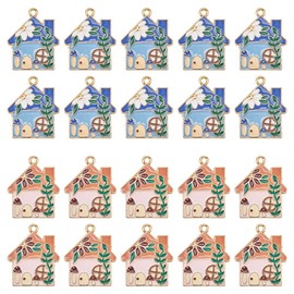 SUNNYCLUE 1 Box 20Pcs Enamel House Charms Bulk Home Charm Golden Metal Alloy Blue Pink Plating Fairy Houses Shaped Small Dangle Charm for Jewellery Making Charms Earrings Necklace Crafts Accessories