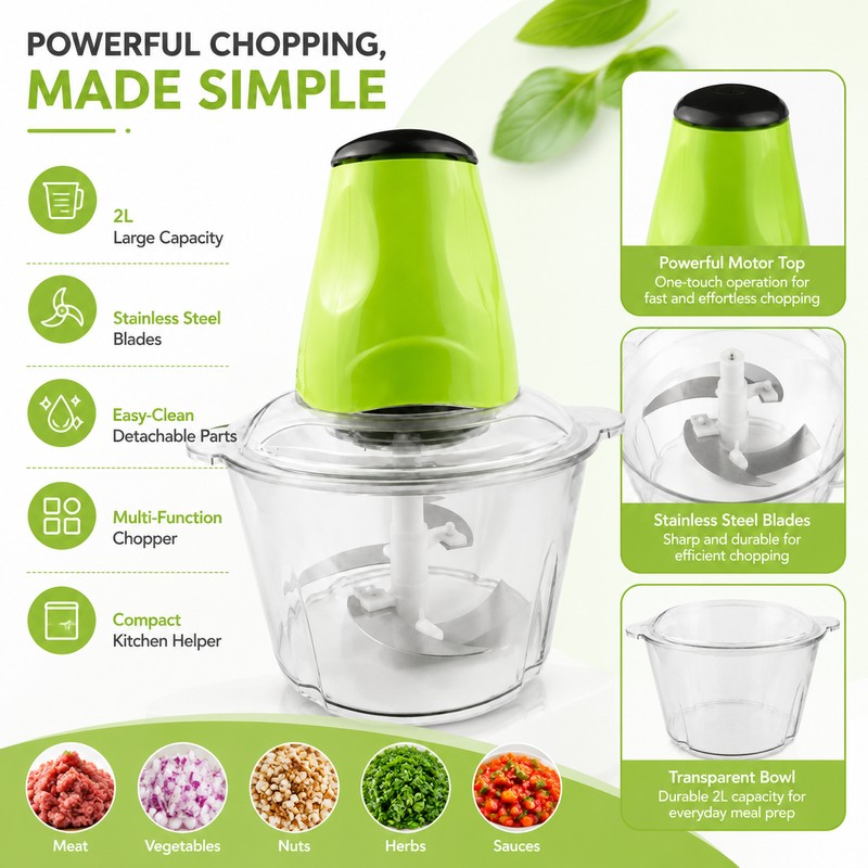 2L Electric Food Chopper for Meal Prep – Stainless Steel