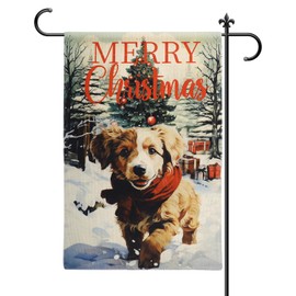 Merry Christmas Dog Flag, 12x18 Inch Double-Sided Burlap Winter Garden Flag Puppy Gift Box Decoration Ball Christmas Tree Yard Flag for Outdoor Farmhouse Home Decoration