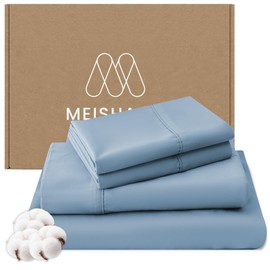 MEISHANG 1000 Thread Count Egyptian Cotton Sheets Queen - 100% Egyptian Cotton Sheet Set, Sateen Weave, Soft & Breathable, 16" Deep Pockets - 4 Piece (Queen, Blue)
