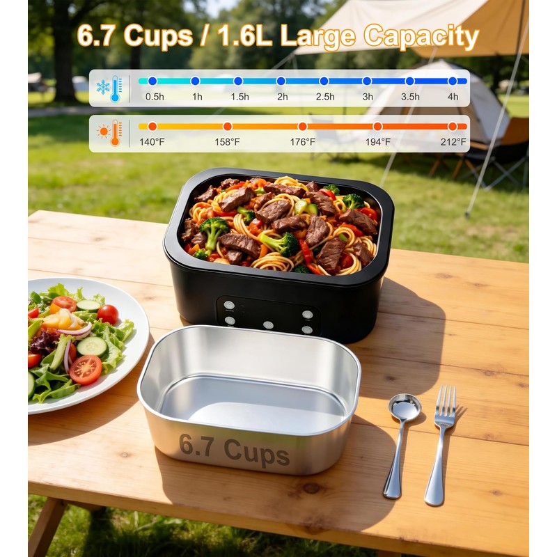Gorgeous Cordless Electric Lunch Box, 6.7 Cups Smart Timer Auto
